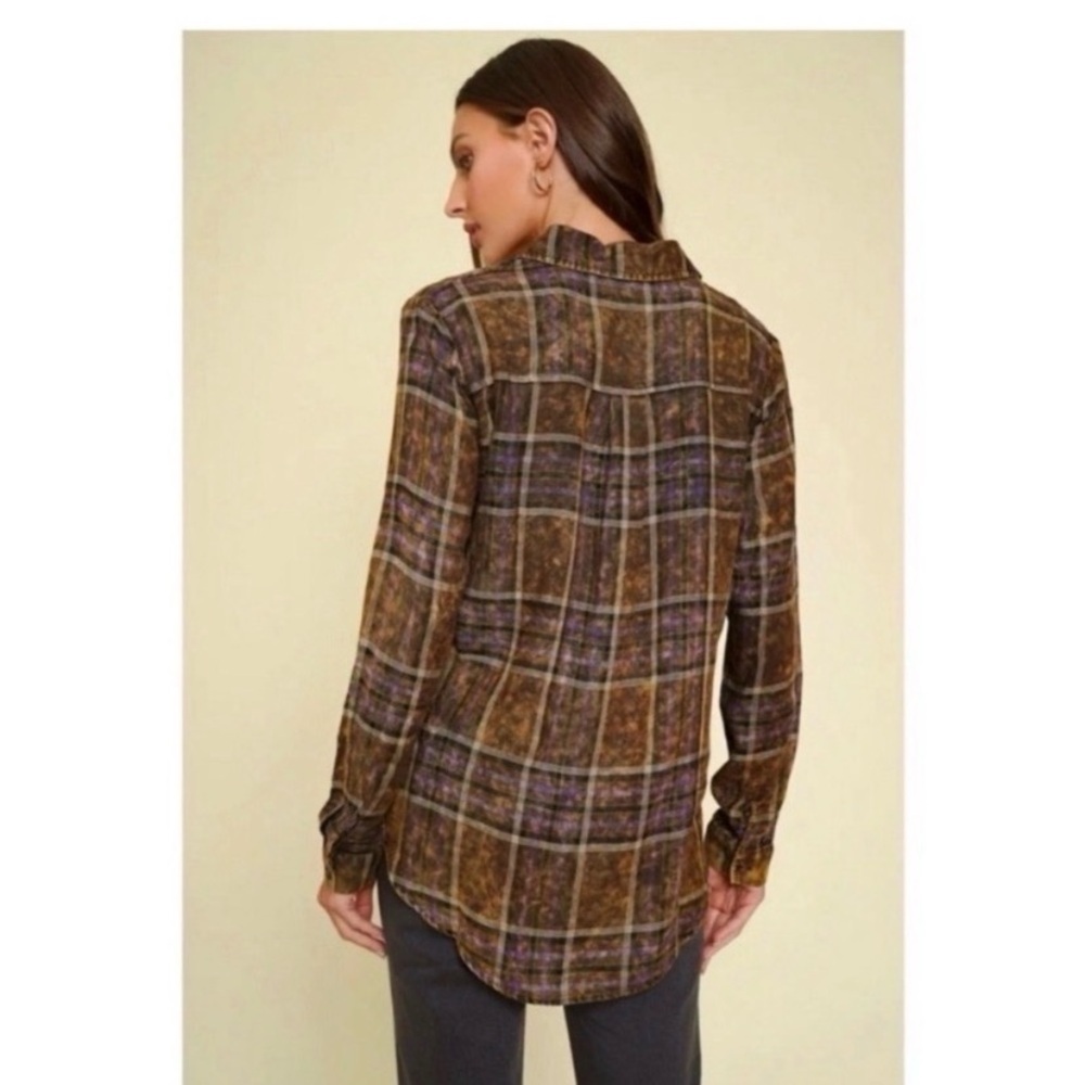 MYSTREE Boutique Brown Plaid Washed Flannel Top - Picture 6 of 10